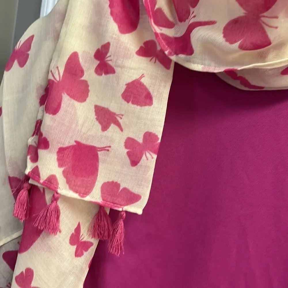 Cream and Fuschia/Magenta Butterfly Scarf with Tassels- OS (approx- 72” by 42”)
